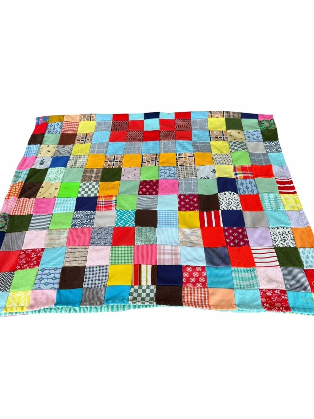 Vintage Double Knit Polyester Patchwork Scrap Quilt Bright Colorful Signed 46x81